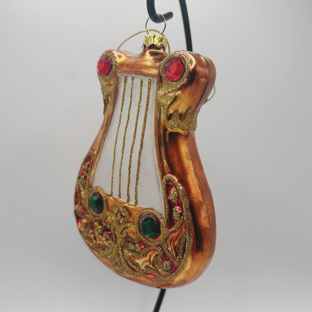 Hand Crafted Blown Glass Glitter Gem Lute/ Mandolin Christmas Ornament